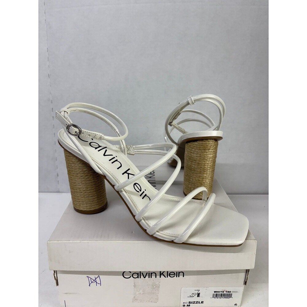 Calvin Klein Women's White Patent Ankle Strap Square Toe Heels Sandals Sz 9M